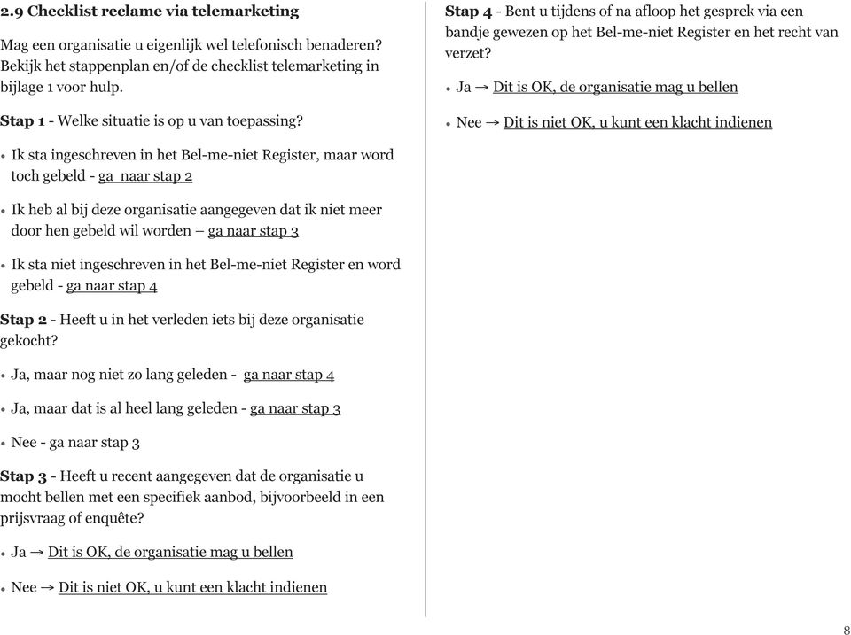 Ja Dit is OK, de organisatie mag u bellen Nee Dit is niet OK, u kunt een klacht indienen Ik sta ingeschreven in het Bel-me-niet Register, maar word toch gebeld - ga naar stap 2 Ik heb al bij deze