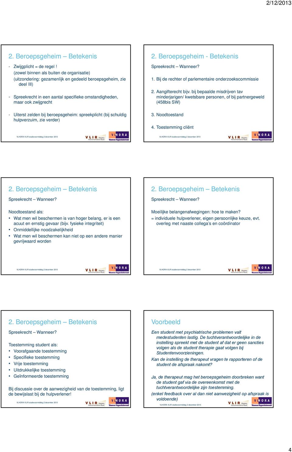 bij beroepsgeheim: spreekplicht (bij schuldig hulpverzuim, zie verder) 2. Beroepsgeheim - Betekenis Spreekrecht Wanneer? 1. Bij de rechter of parlementaire onderzoekscommissie 2. Aangifterecht bijv.