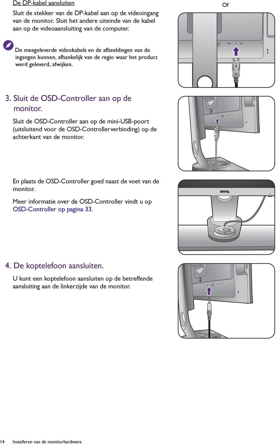 Sluit de OSD-Controller aan op de mini-usb-poort (uitsluitend voor de OSD-Controllerverbinding) op de achterkant van de monitor. En plaats de OSD-Controller goed naast de voet van de monitor.