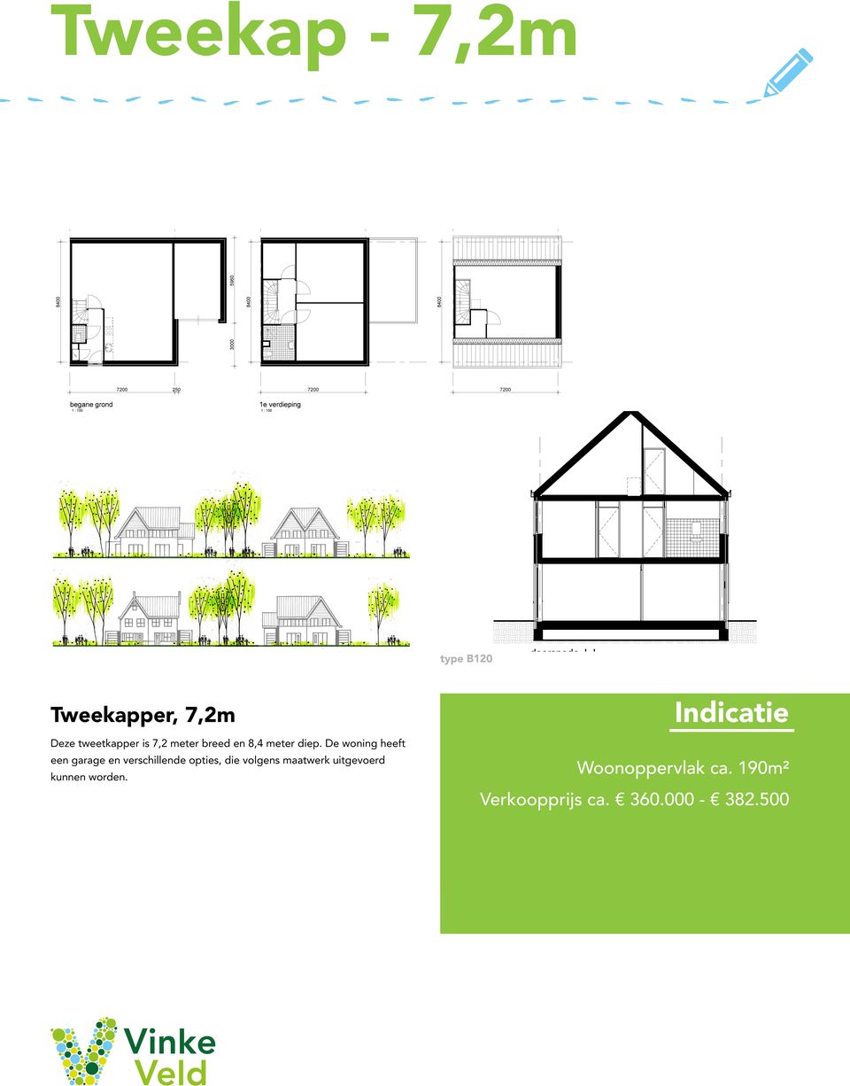 120 GO verdieping oppervlakte O V2 39,50 m² O V1 56,58 m² O V0 56,58 m² 152,66 m² type B120 doorsnede J-J Tweekapper, 7,2m Deze tweetkapper is 7,2 meter breed en 8,4 meter diep.