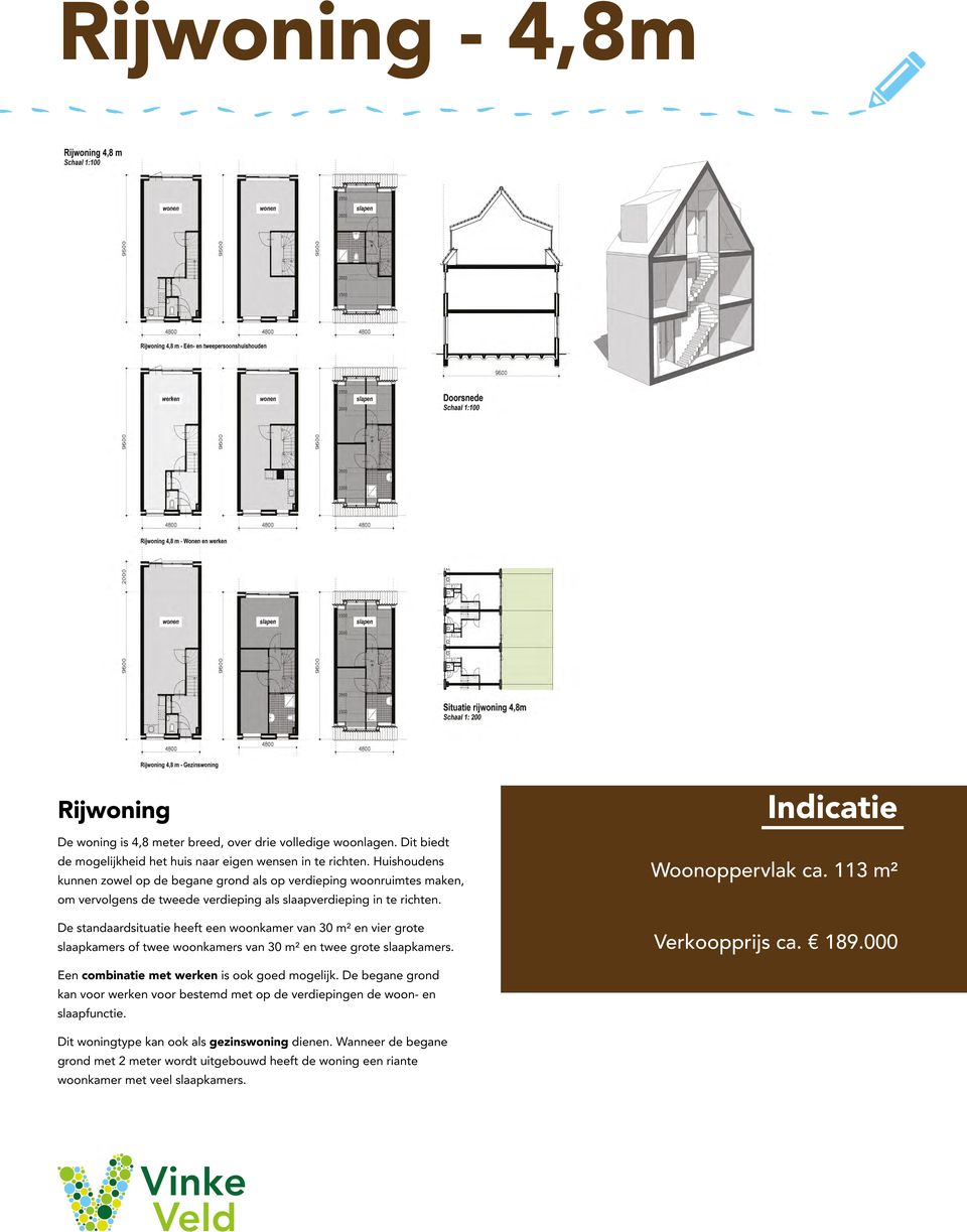 De standaardsituatie heeft een woonkamer van 30 m² en vier grote slaapkamers of twee woonkamers van 30 m² en twee grote slaapkamers. Woonoppervlak ca. 113 m² Verkoopprijs ca. 189.