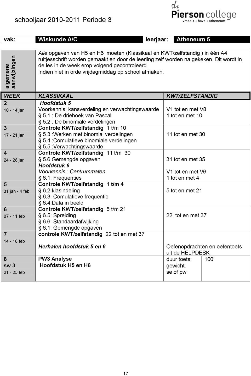 10-1 jan Hoofdstuk Voorkennis: kansverdeling en verwachtingswaarde.1 : De driehoek van Pascal V1 tot en met V 1 tot en met 10. : De binomiale verdelingen 1-1 jan Controle KWT/zelfstandig 1 t/m 10.