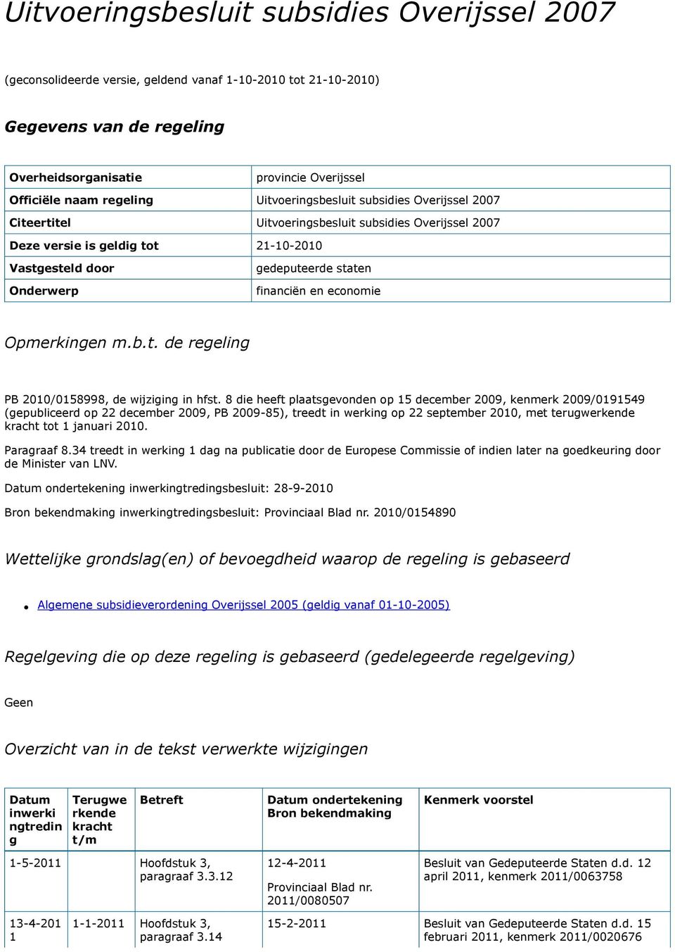 financiën en economie Opmerkingen m.b.t. de regeling PB 2010/0158998, de wijziging in hfst.