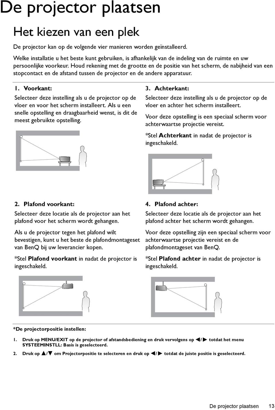 Houd rekening met de grootte en de positie van het scherm, de nabijheid van een stopcontact en de afstand tussen de projector en de andere apparatuur. 1.