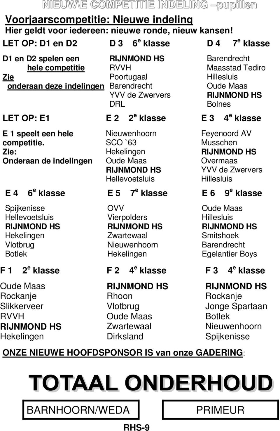 Oude Maas Bolnes LET OP: E1 E 2 2 e klasse E 3 4 e klasse E 1 speelt een hele competitie.