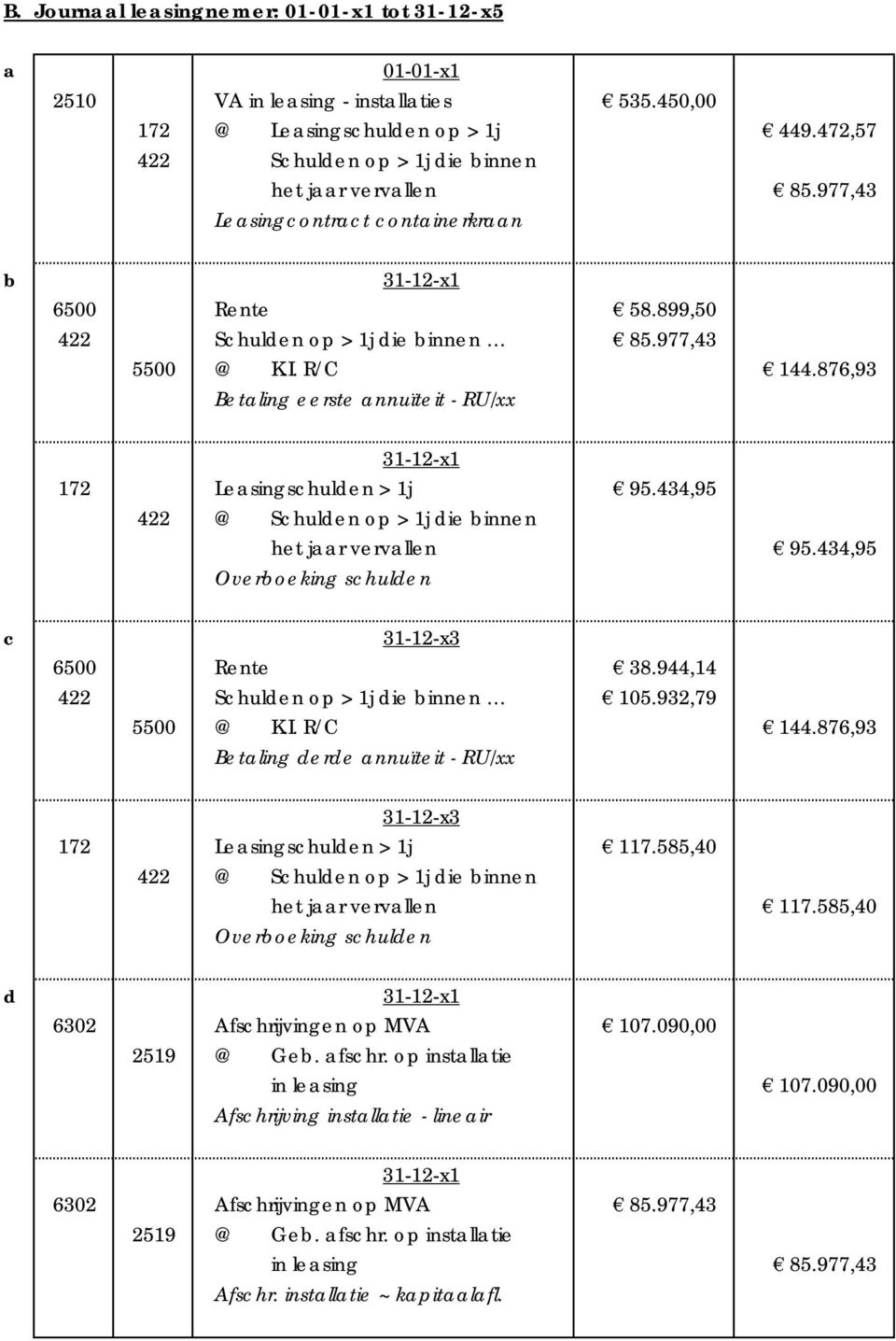 434,95 422 @ Schulden op > 1j die binnen het jaar vervallen 95.434,95 Overboeking schulden c 31-12-x3 6500 Rente 38.944,14 422 Schulden op > 1j die binnen 105.932,79 5500 @ K.I. R/C 144.