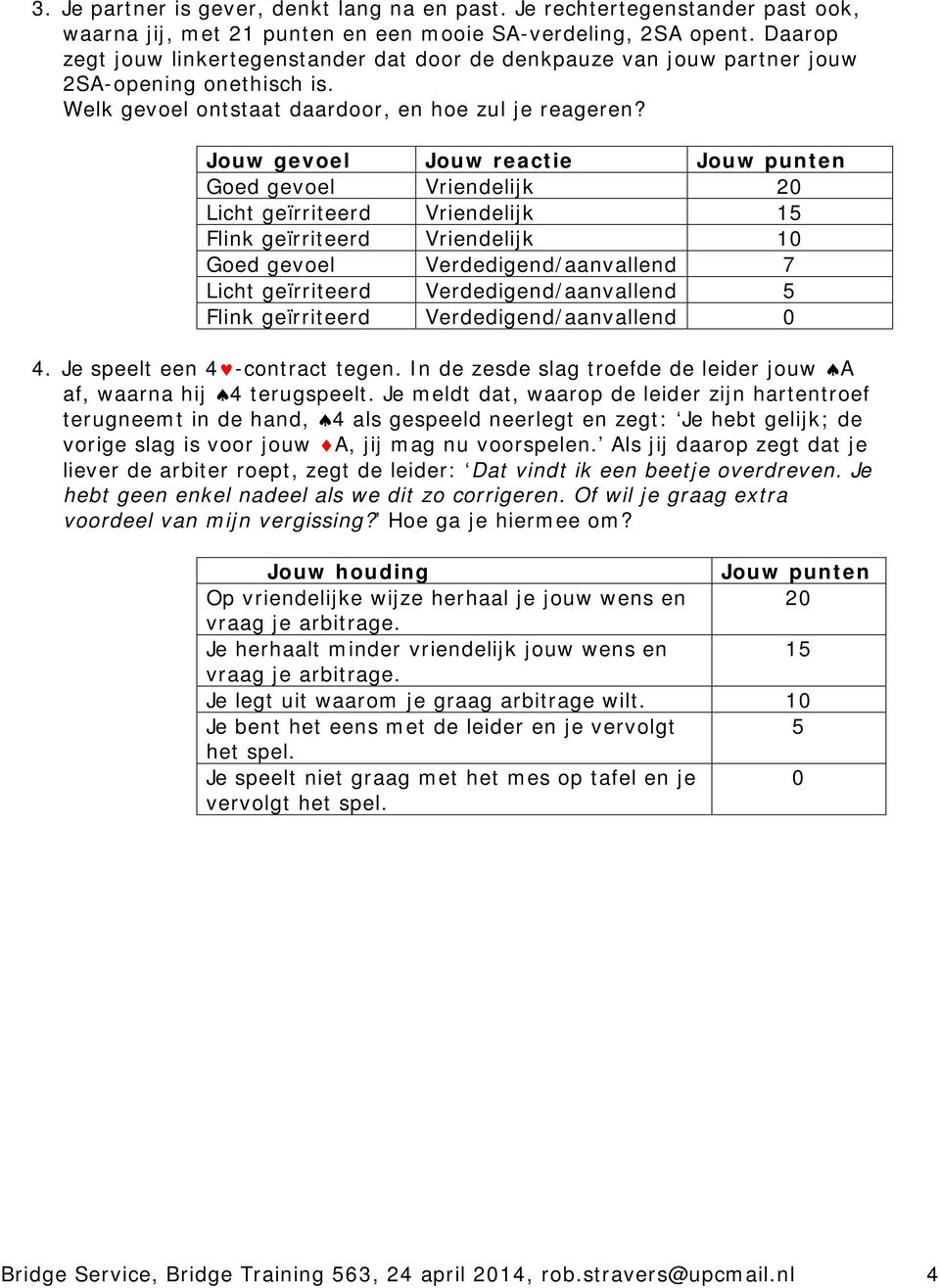 Jouw gevoel Jouw reactie Jouw punten Goed gevoel Vriendelijk 20 Licht geïrriteerd Vriendelijk 15 Flink geïrriteerd Vriendelijk 10 Goed gevoel Verdedigend/aanvallend 7 Licht geïrriteerd