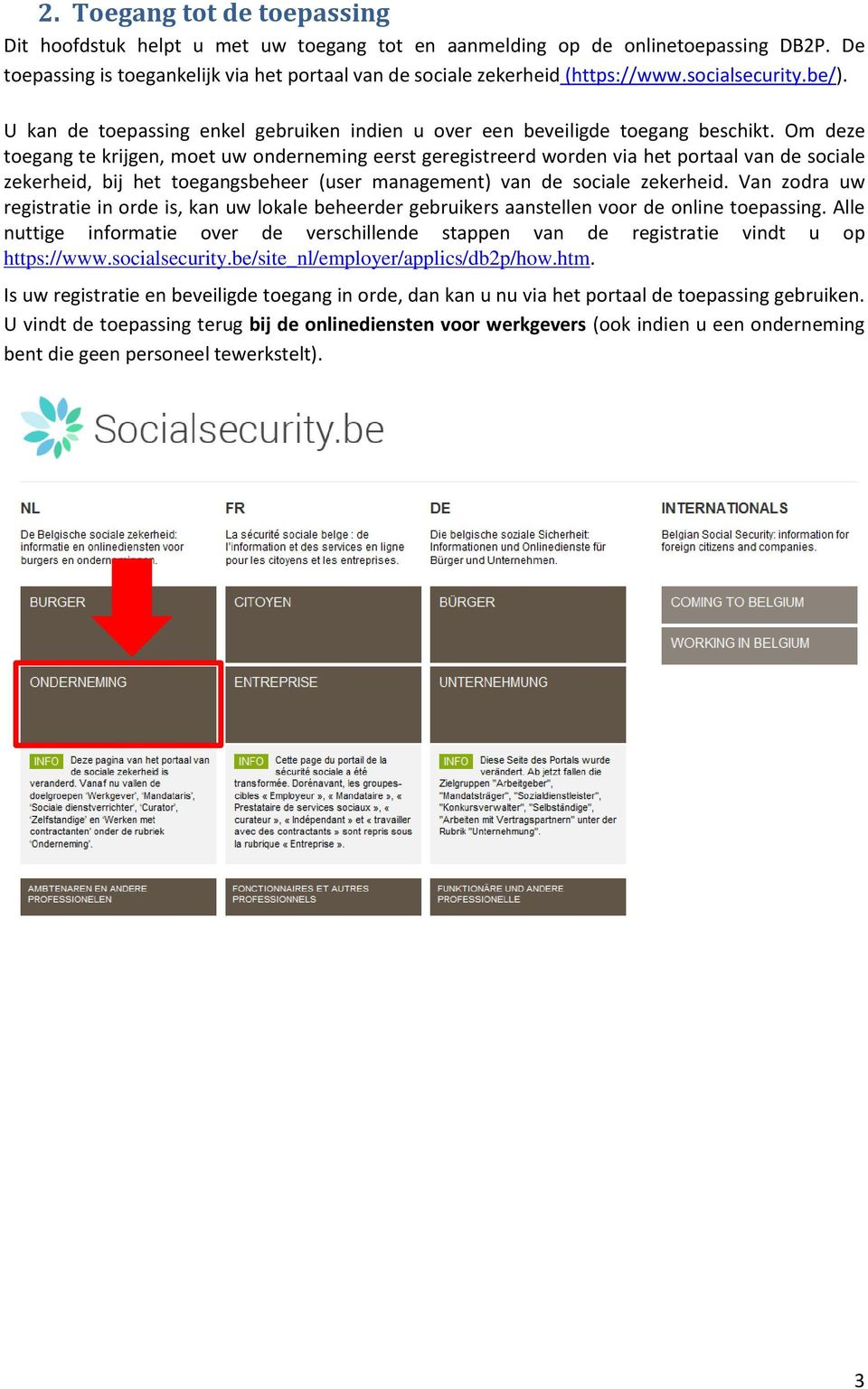 Om deze toegang te krijgen, moet uw onderneming eerst geregistreerd worden via het portaal van de sociale zekerheid, bij het toegangsbeheer (user management) van de sociale zekerheid.