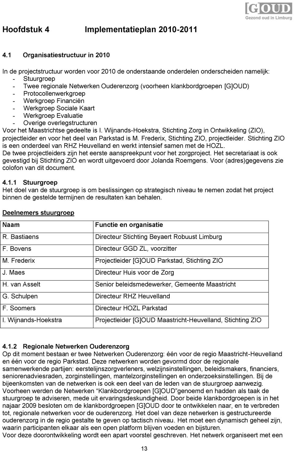 klankbordgroepen [G]OUD) - Protocollenwerkgroep - Werkgroep Financiën - Werkgroep Sociale Kaart - Werkgroep Evaluatie - Overige overlegstructuren Voor het Maastrichtse gedeelte is I.