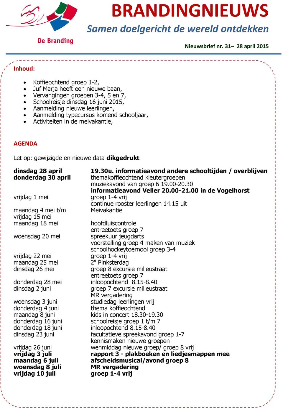 typecursus komend schooljaar, Activiteiten in de meivakantie, AGENDA Let op: gewijzigde en nieuwe data dikgedrukt dinsdag 28 april 19.30u.