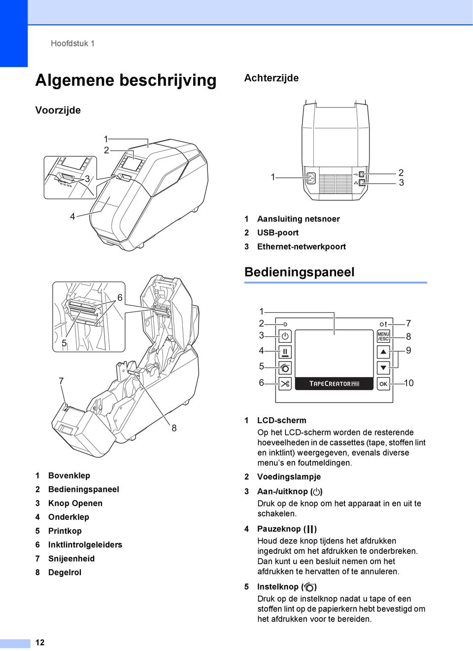 weergegeven, evenals diverse menu s en foutmeldingen. 2 Voedingslampje 3 Aan-/uitknop ( ) Druk op de knop om het apparaat in en uit te schakelen.