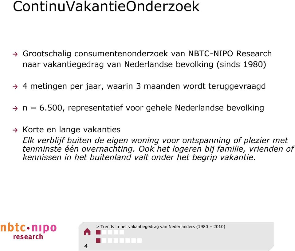 500, representatief voor gehele Nederlandse bevolking Korte en lange vakanties Elk verblijf buiten de eigen woning voor ontspanning of