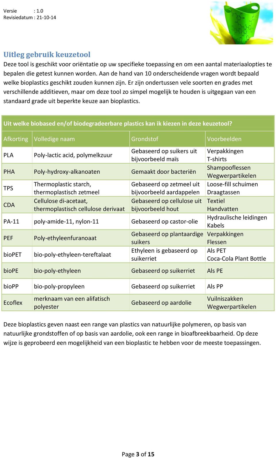 Er zijn ondertussen vele soorten en grades met verschillende additieven, maar om deze tool zo simpel mogelijk te houden is uitgegaan van een standaard grade uit beperkte keuze aan bioplastics.