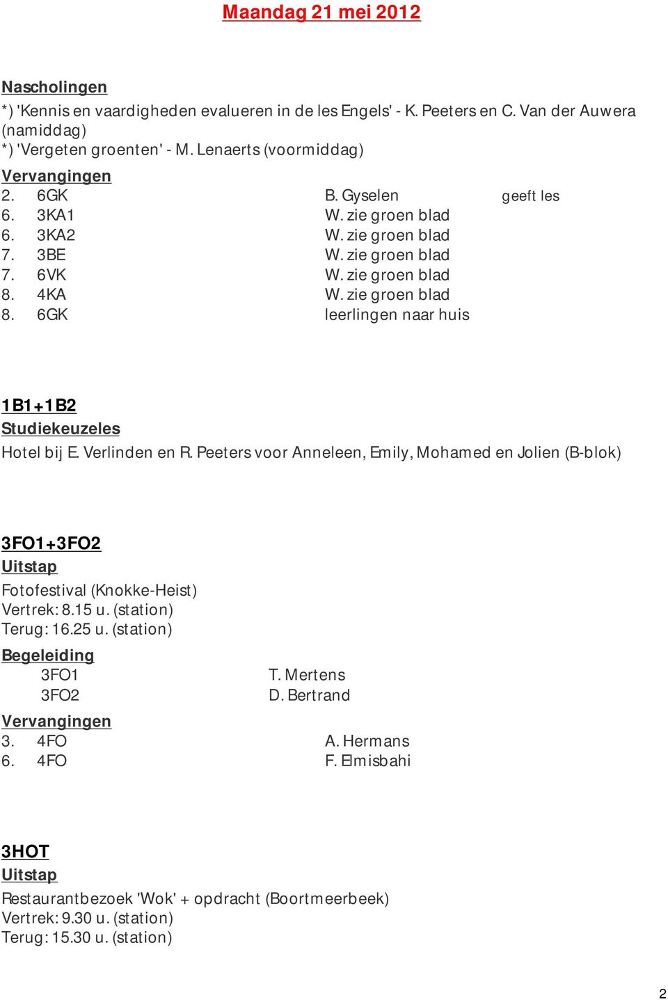 4KA W. zie groen blad 8. 6GK leerlingen naar huis 1B1+1B2 Studiekeuzeles Hotel bij E. Verlinden en R.