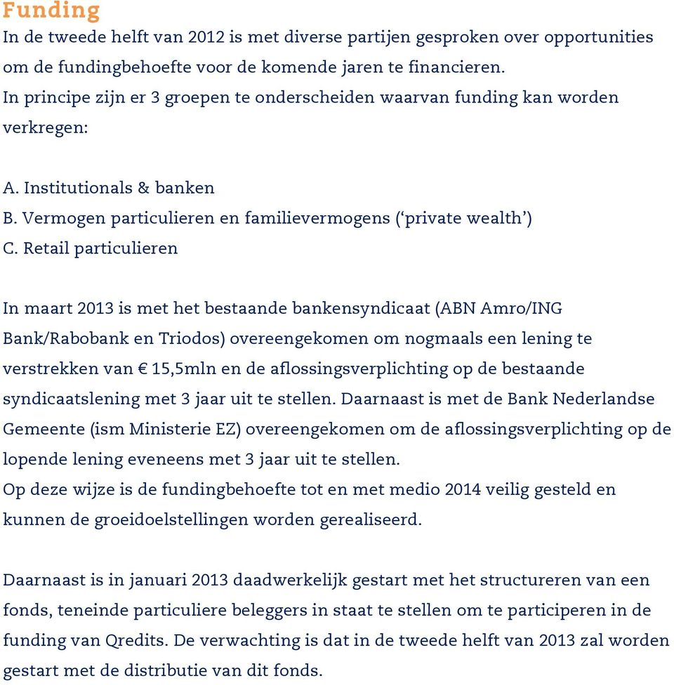 Retail particulieren In maart 2013 is met het bestaande bankensyndicaat (ABN Amro/ING Bank/Rabobank en Triodos) overeengekomen om nogmaals een lening te verstrekken van 15,5mln en de