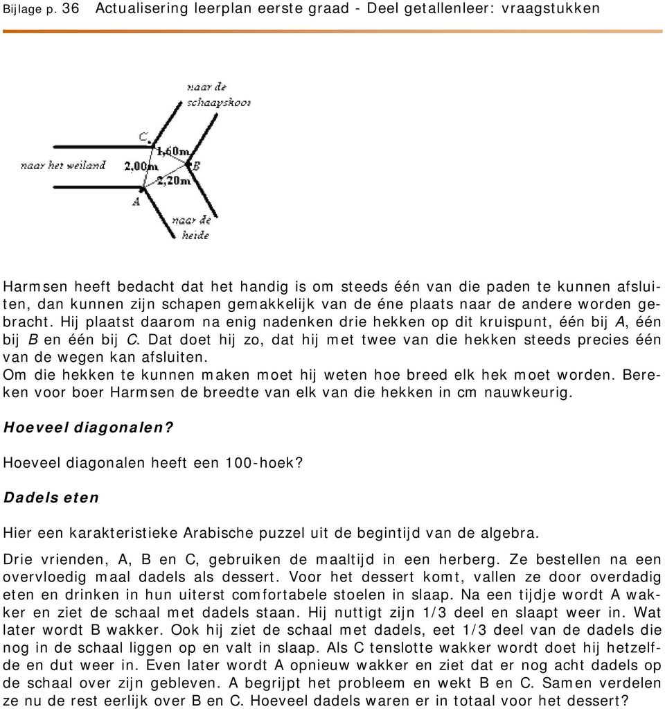 van de éne plaats naar de andere worden gebracht. Hij plaatst daarom na enig nadenken drie hekken op dit kruispunt, één bij A, één bij B en één bij C.