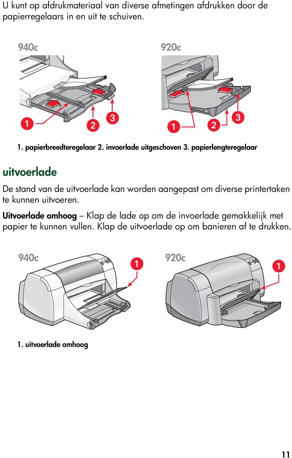 papierlengteregelaar uitvoerlade De stand van de uitvoerlade kan worden aangepast om diverse printertaken te