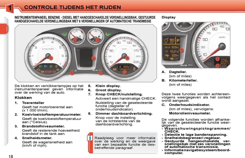 Koelvloestoftemperatuurmeter. Geeft de koelvloestoftemperatuur aan ( Celsus).. Brandstofnveaumeter. Geeft de resterende hoeveelhed brandstof n de tank aan. 4. Snelhedsmeter.