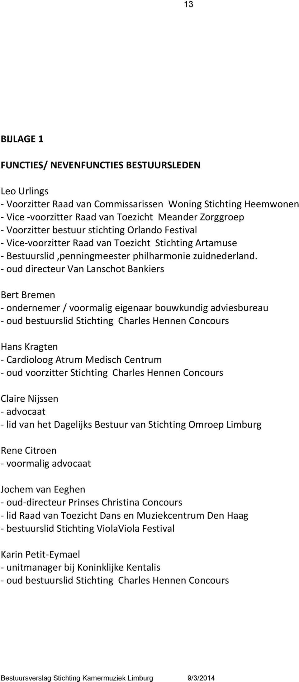 - oud directeur Van Lanschot Bankiers Bert Bremen - ondernemer / voormalig eigenaar bouwkundig adviesbureau - oud bestuurslid Stichting Charles Hennen Concours Hans Kragten - Cardioloog Atrum Medisch