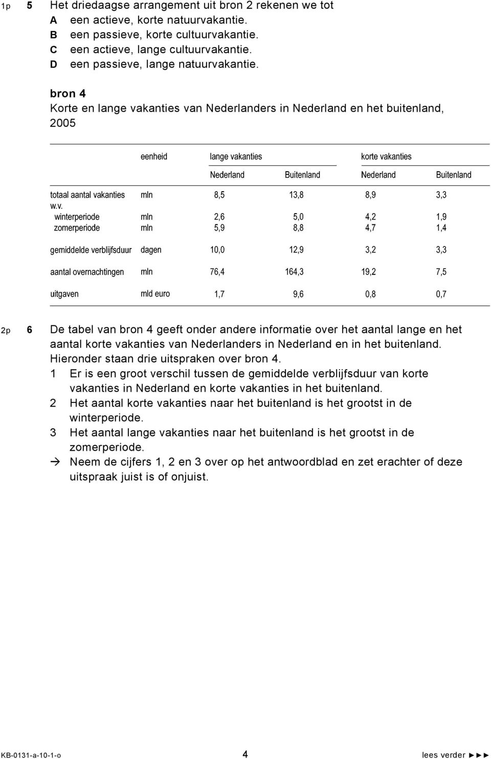 bron 4 Korte en lange vakanties van Nederlanders in Nederland en het buitenland, 2005 2p 6 De tabel van bron 4 geeft onder andere informatie over het aantal lange en het aantal korte vakanties van