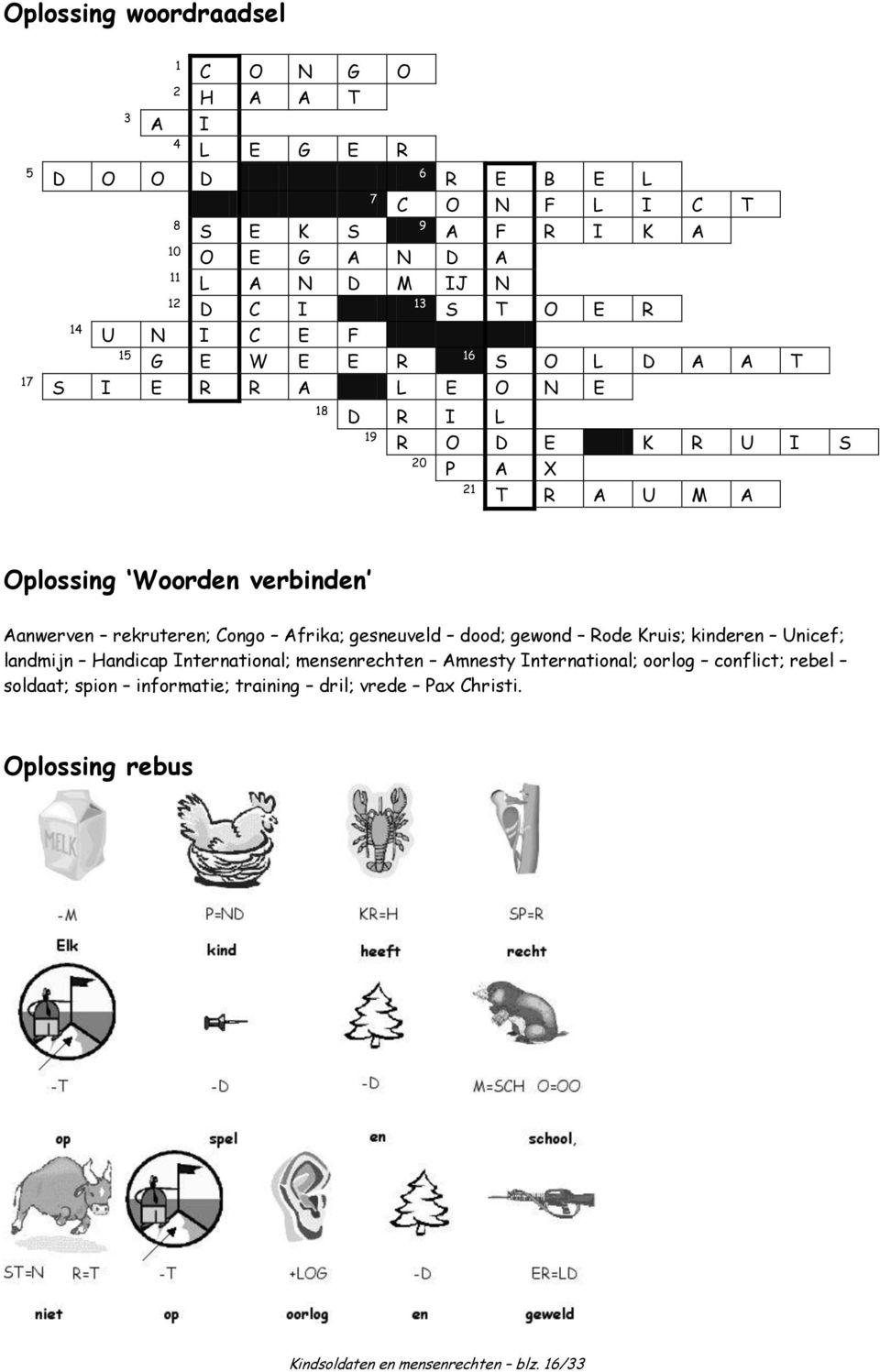Oplossing Woorden verbinden Aanwerven rekruteren; Congo Afrika; gesneuveld dood; gewond Rode Kruis; kinderen Unicef; landmijn Handicap International;