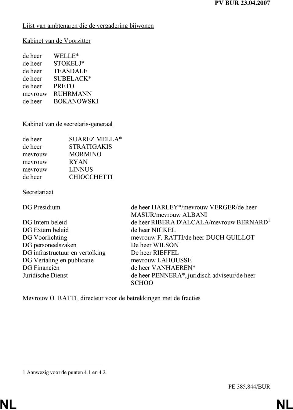 MASUR/mevrouw ALBANI DG Intern beleid de heer RIBERA D'ALCALA/mevrouw BERNARD 1 DG Extern beleid de heer NICKEL DG Voorlichting mevrouw F.