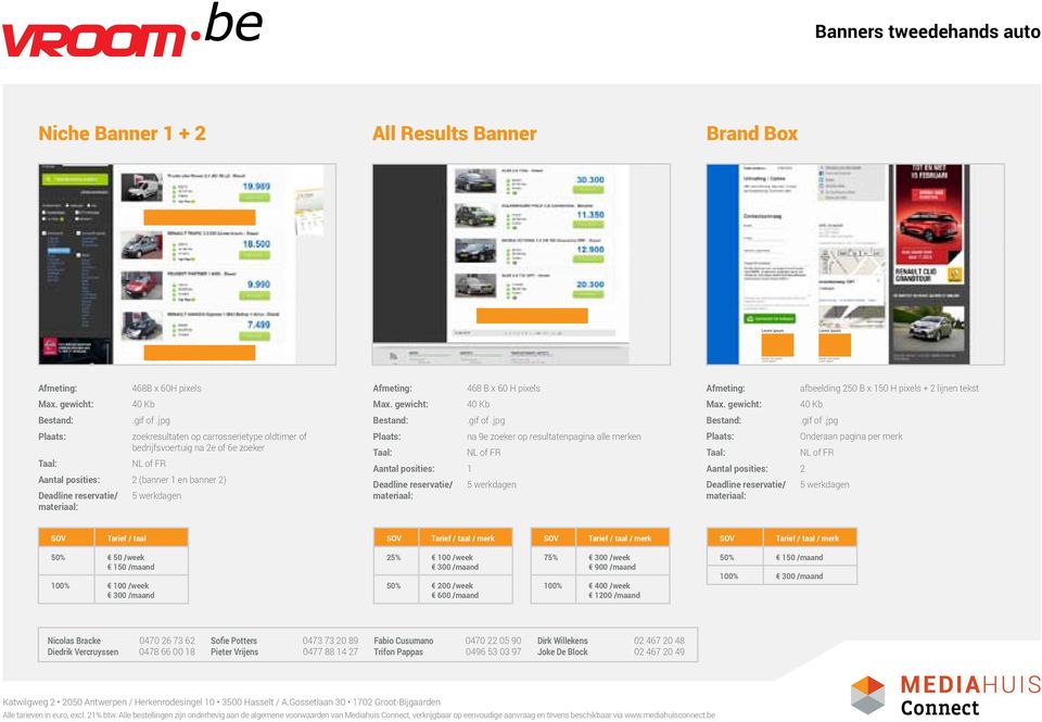 afbeelding 250 B x 150 H pixels + 2 lijnen tekst Onderaan pagina per merk Aantal posities: 2 50% 50 /week 150 /maand 100% 100 /week