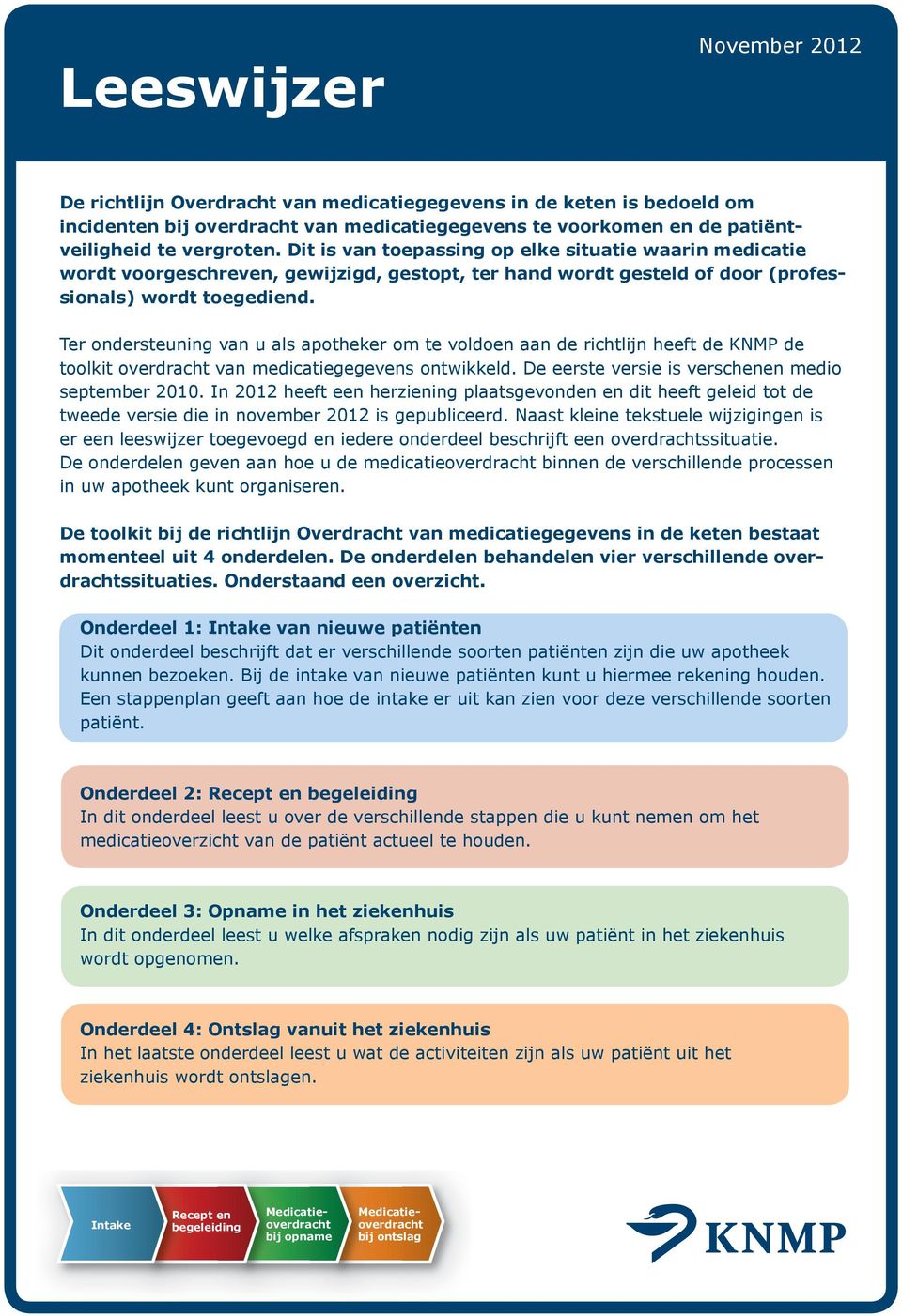 Ter ondersteuning van u als apotheker om te voldoen aan de richtlijn heeft de KNMP de toolkit overdracht van medicatiegegevens ontwikkeld. De eerste versie is verschenen medio september 2010.