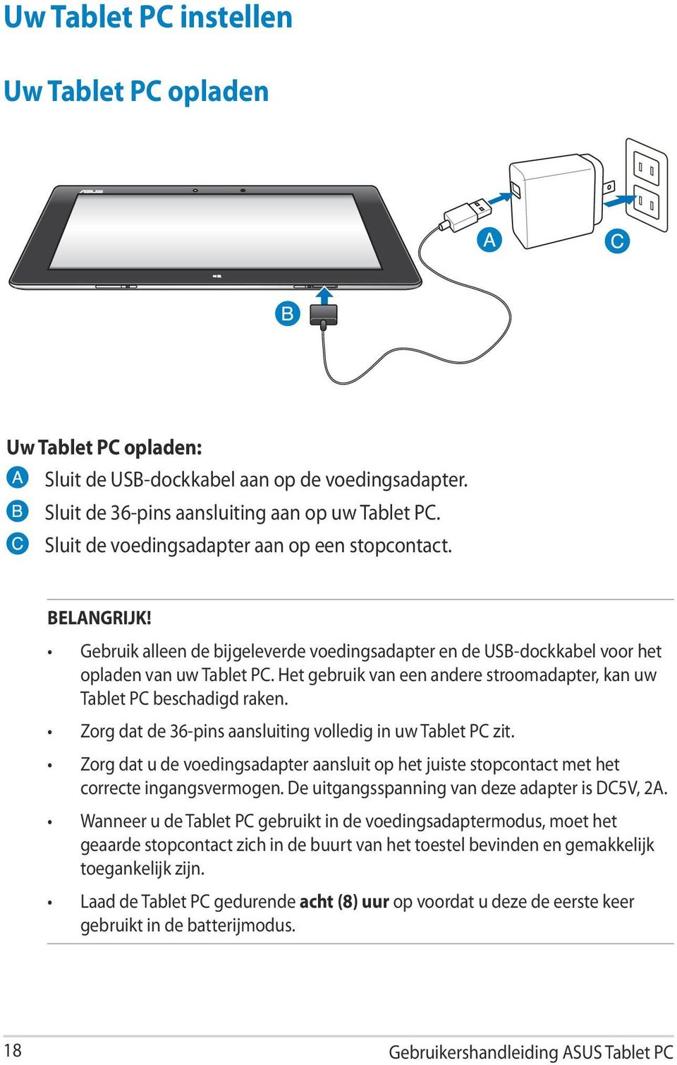 Het gebruik van een andere stroomadapter, kan uw Tablet PC beschadigd raken. Zorg dat de 36-pins aansluiting volledig in uw Tablet PC zit.