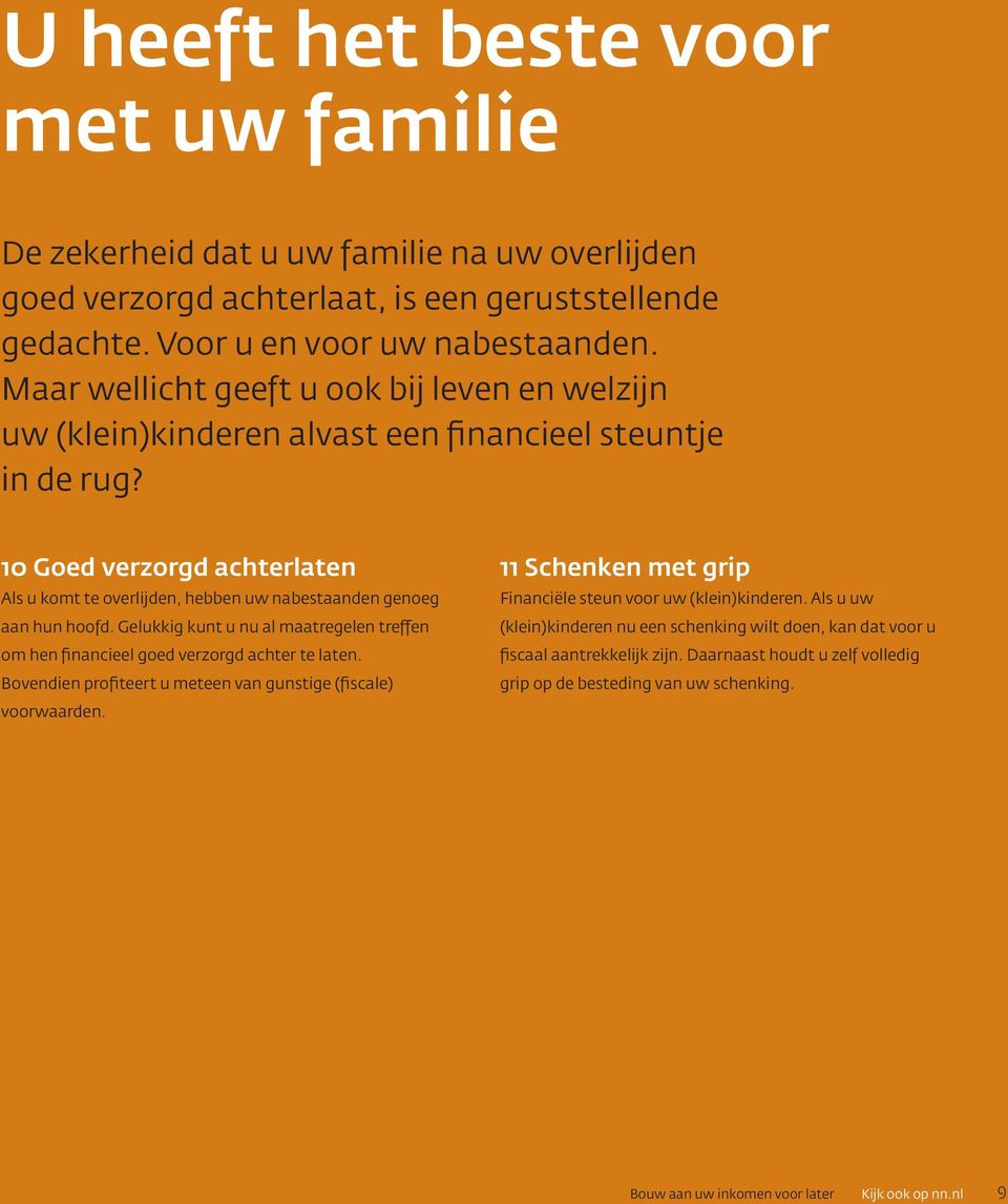 10 Goed verzorgd achterlaten Als u komt te overlijden, hebben uw nabestaanden genoeg aan hun hoofd. Gelukkig kunt u nu al maatregelen treffen om hen financieel goed verzorgd achter te laten.