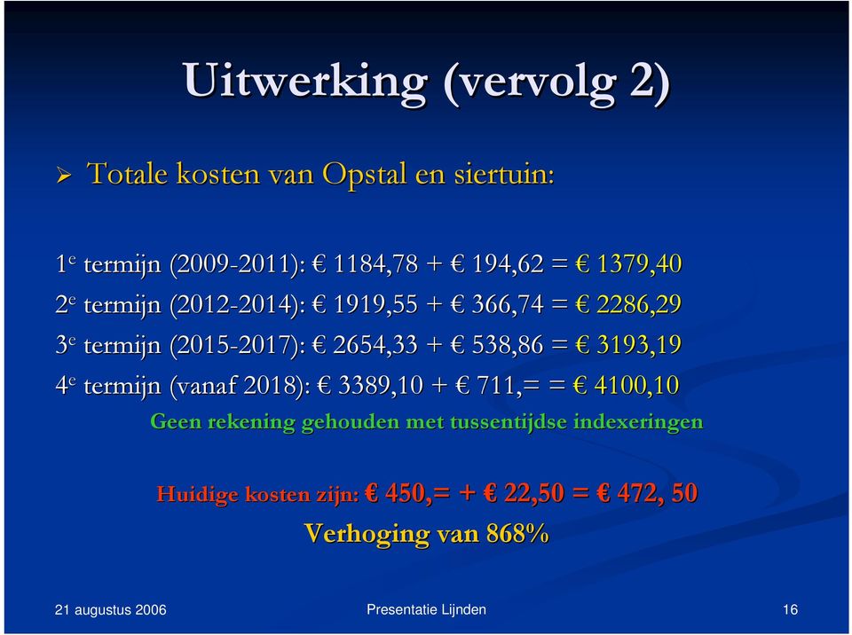 2017): 2654,33 + 538,86 = 3193,19 4 e termijn (vanaf 2018): 3389,10 + 711,= = 4100,10 Geen rekening