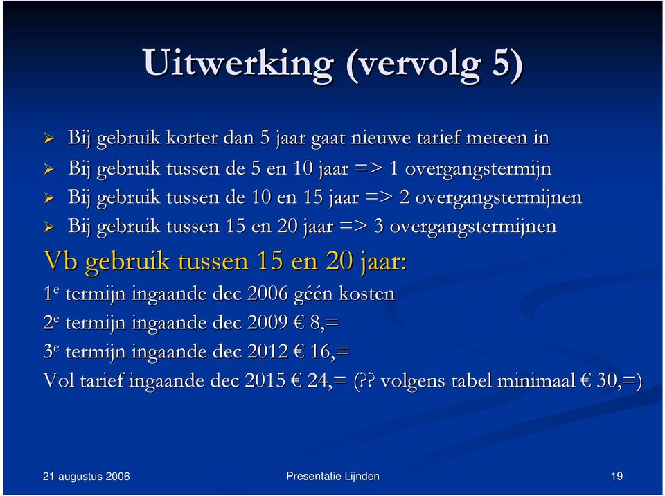 3 overgangstermijnen Vb gebruik tussen 15 en 20 jaar: 1 e termijn ingaande dec 2006 géén kosten 2 e termijn ingaande