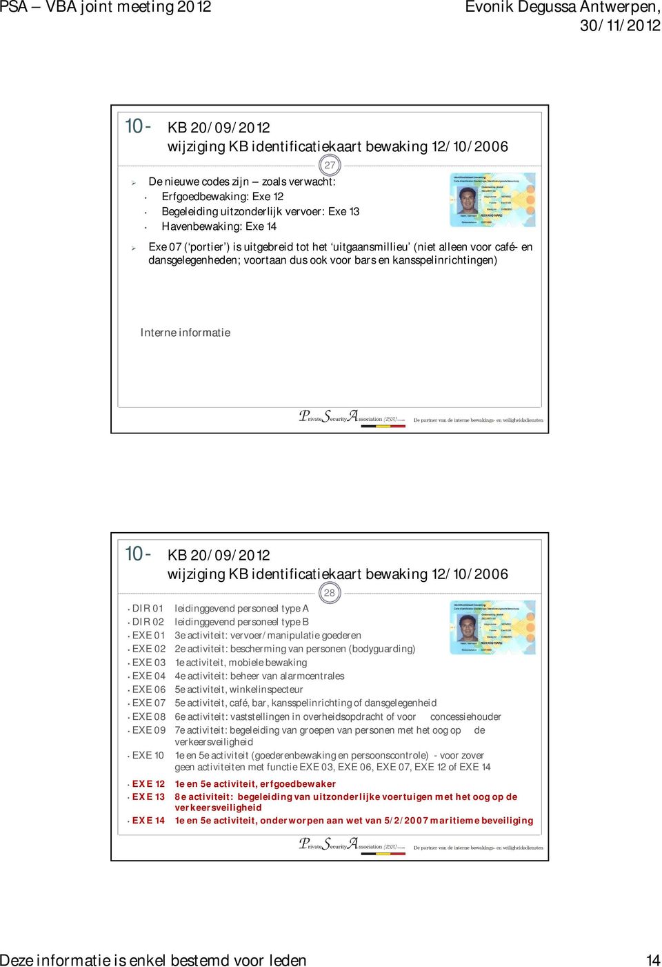 wijziging KB identificatiekaart bewaking 12/10/2006 DIR 01 DIR 02 EXE 01 EXE 02 EXE 03 EXE 04 EXE 06 EXE 07 leidinggevend personeel type A leidinggevend personeel type B 3e activiteit: