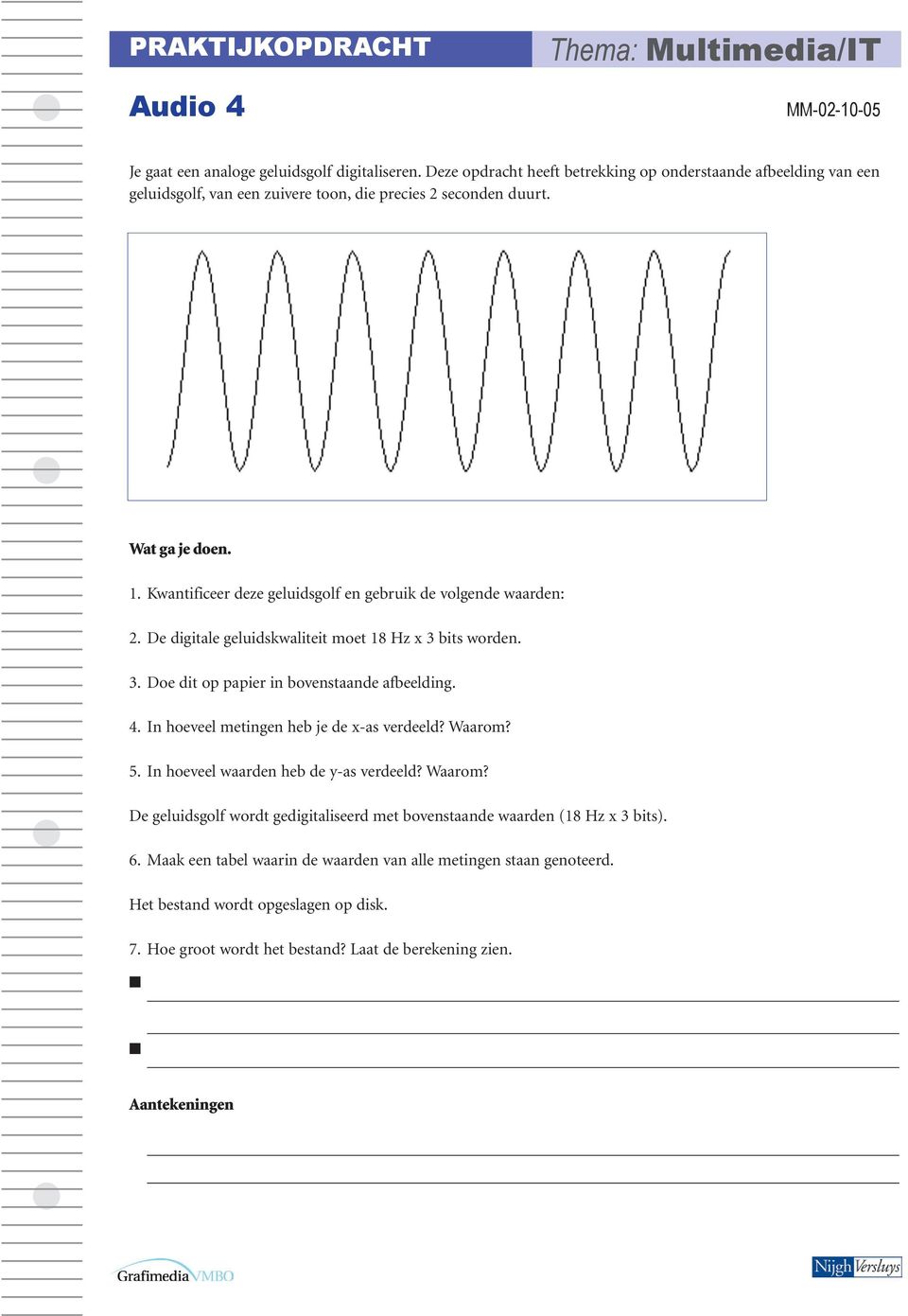 Kwantificeer deze geluidsgolf en gebruik de volgende waarden: 2. De digitale geluidskwaliteit moet 18 Hz x 3 bits worden. 3. Doe dit op papier in bovenstaande afbeelding. 4.