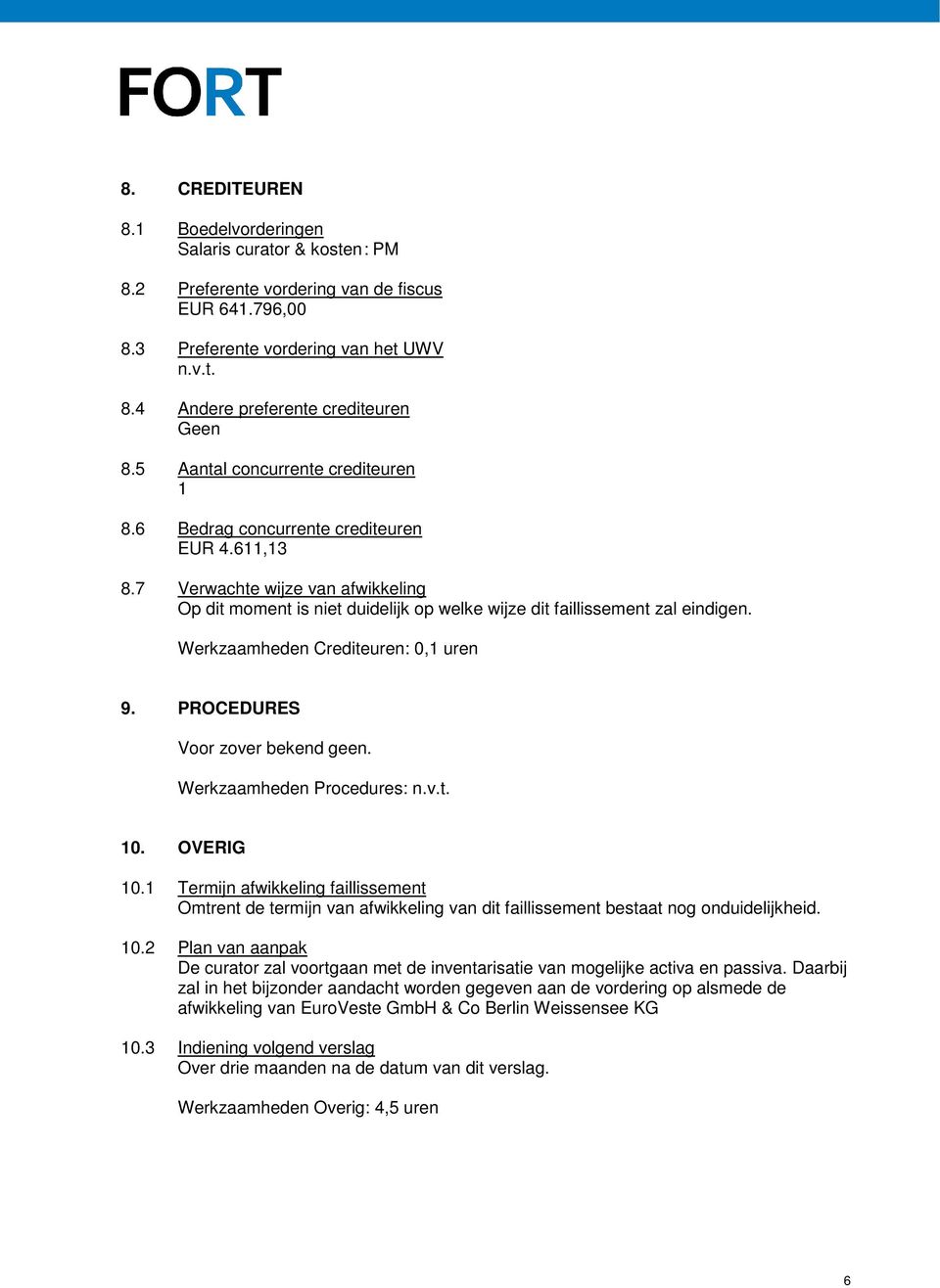 Werkzaamheden Crediteuren: 0,1 uren 9. PROCEDURES Werkzaamheden Procedures: n.v.t. 10. OVERIG 10.