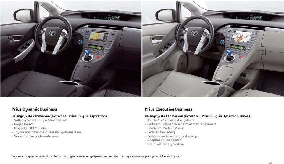 voor Prius Executive Business Belangrijkste kenmerken (extra t.o.v. Prius Plug-in Dynamic Business) Touch Pro 7" navigatiesysteem Parkeerhulplijnen in scherm