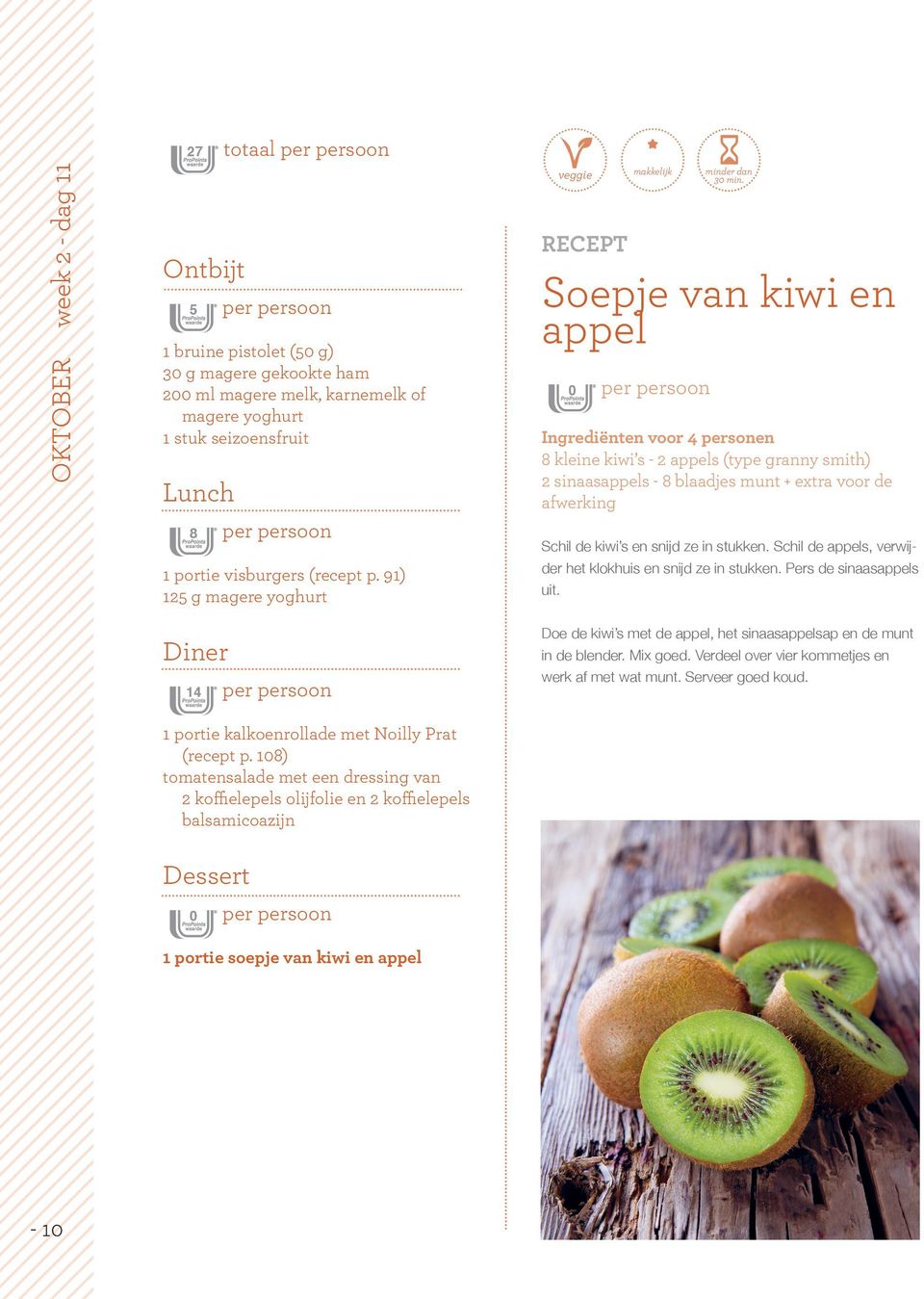 91) 125 g magere yoghurt veggie makkelijk minder dan Soepje van kiwi en appel 0 per persoon 8 kleine kiwi s - 2 appels (type granny smith) 2 sinaasappels - 8 blaadjes munt + extra voor de afwerking