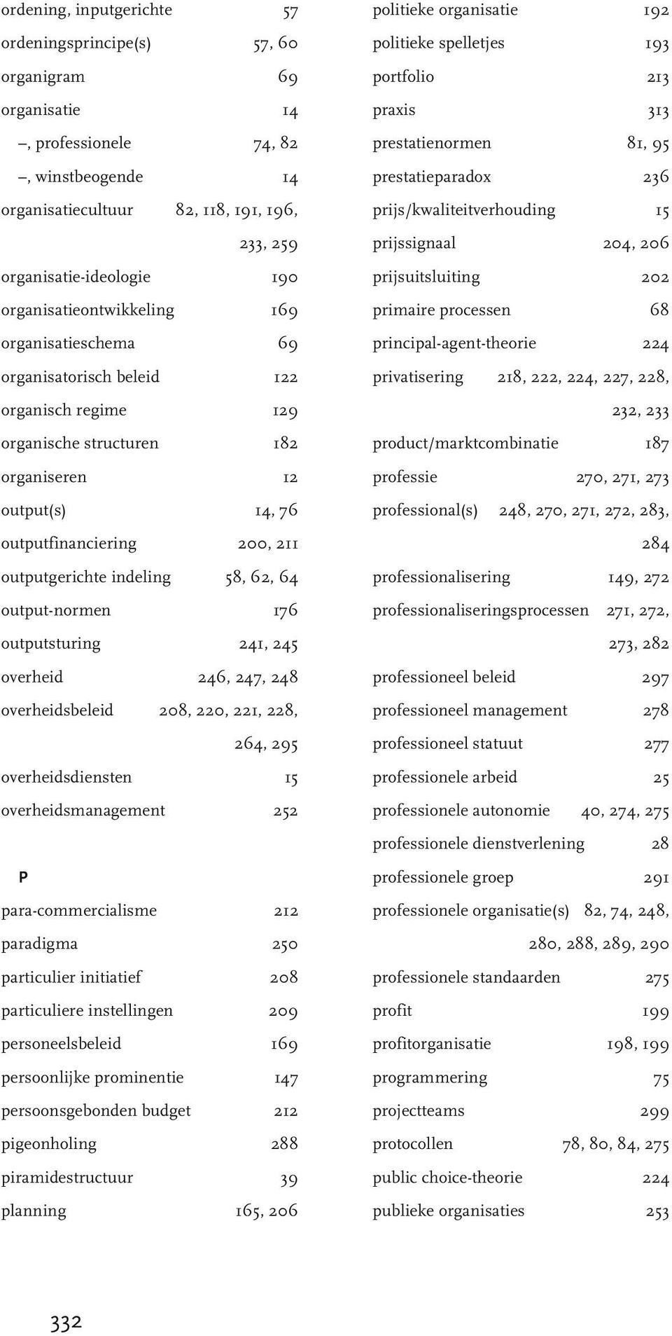 indeling 58, 62, 64 output-normen 176 outputsturing 241, 245 overheid 246, 247, 248 overheidsbeleid 208, 220, 221, 228, 264, 295 overheidsdiensten 15 overheidsmanagement 252 P para-commercialisme 212