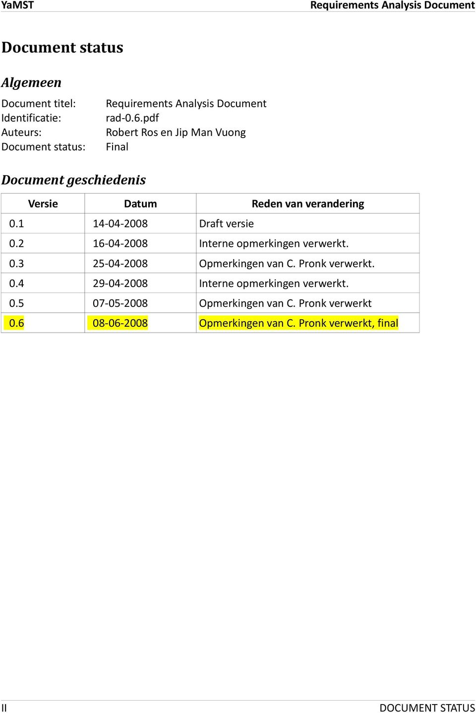 1 14-04-2008 Draft versie 0.2 16-04-2008 Interne opmerkingen verwerkt. 0.3 25-04-2008 Opmerkingen van C. Pronk verwerkt. 0.4 29-04-2008 Interne opmerkingen verwerkt.