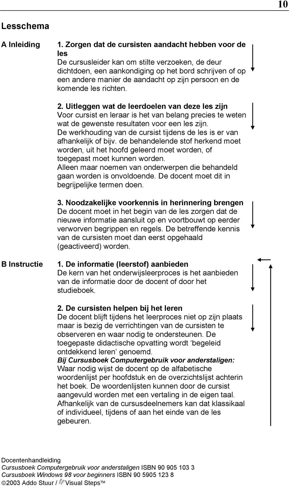 persoon en de komende les richten. 2. Uitleggen wat de leerdoelen van deze les zijn Voor cursist en leraar is het van belang precies te weten wat de gewenste resultaten voor een les zijn.