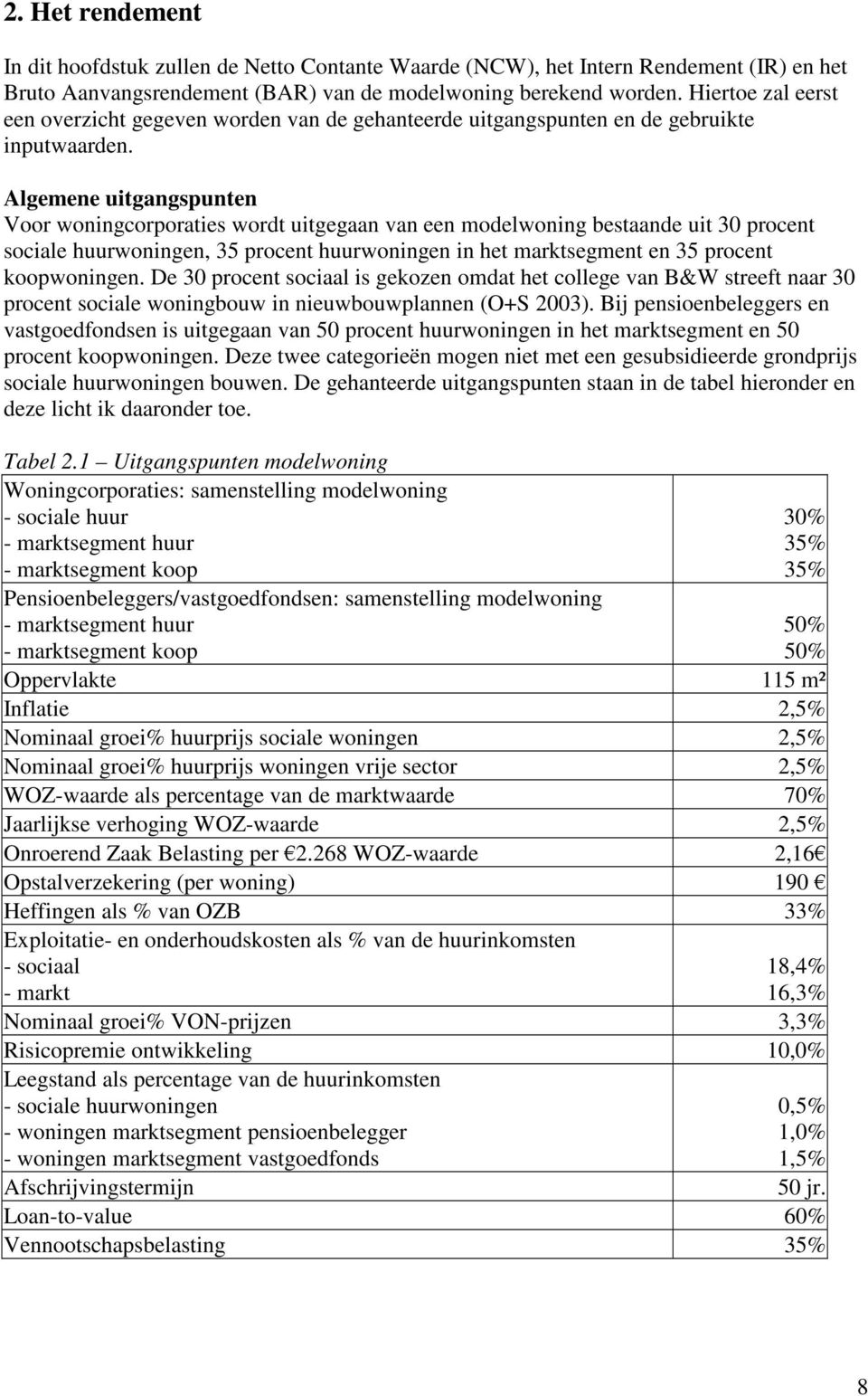 Algemene uitgangspunten Voor woningcorporaties wordt uitgegaan van een modelwoning bestaande uit 30 procent sociale huurwoningen, 35 procent huurwoningen in het marktsegment en 35 procent