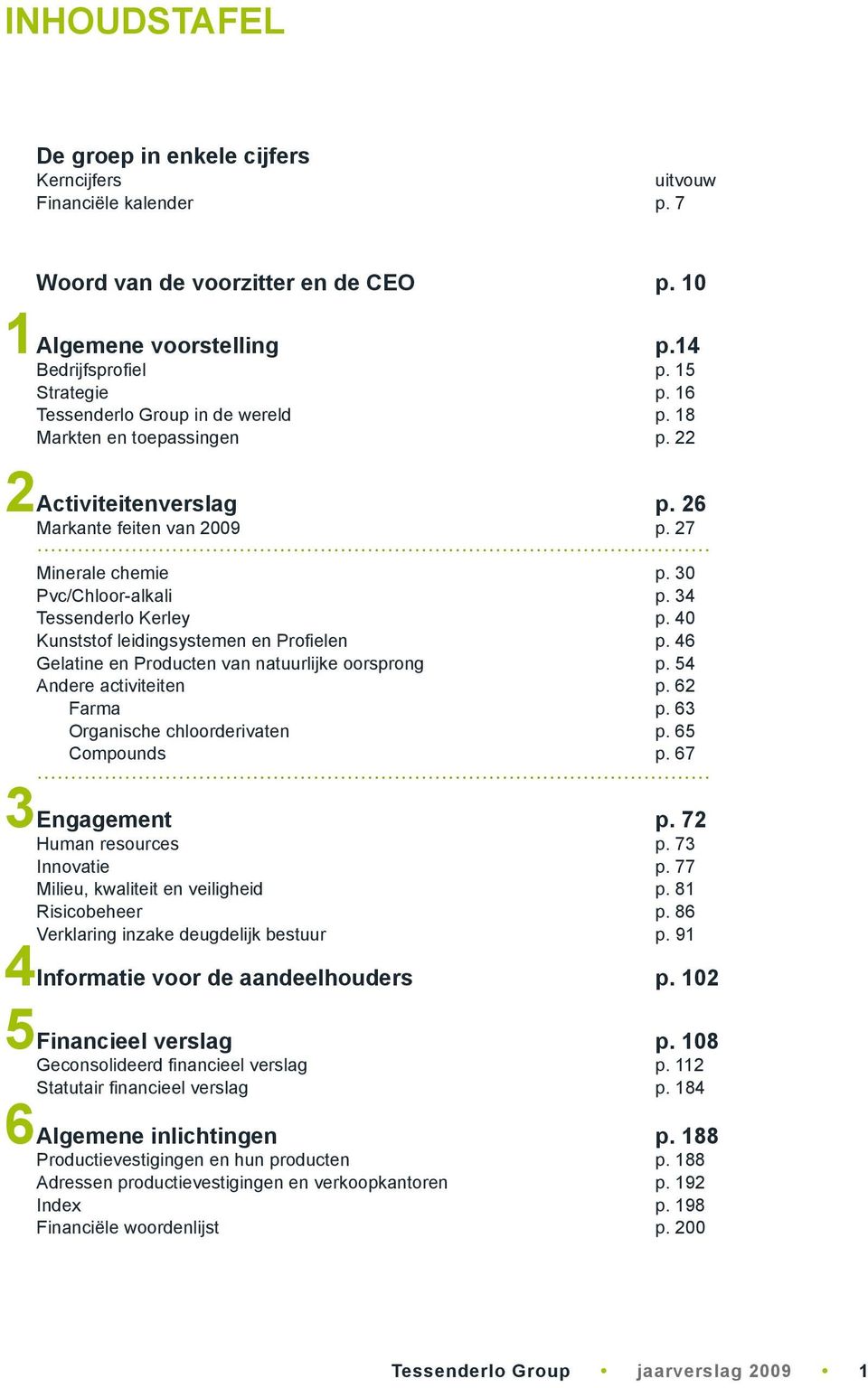 40 Kunststof leidingsystemen en Profielen p. 46 Gelatine en Producten van natuurlijke oorsprong p. 54 Andere activiteiten p. 62 Farma p. 63 Organische chloorderivaten p. 65 Compounds p.