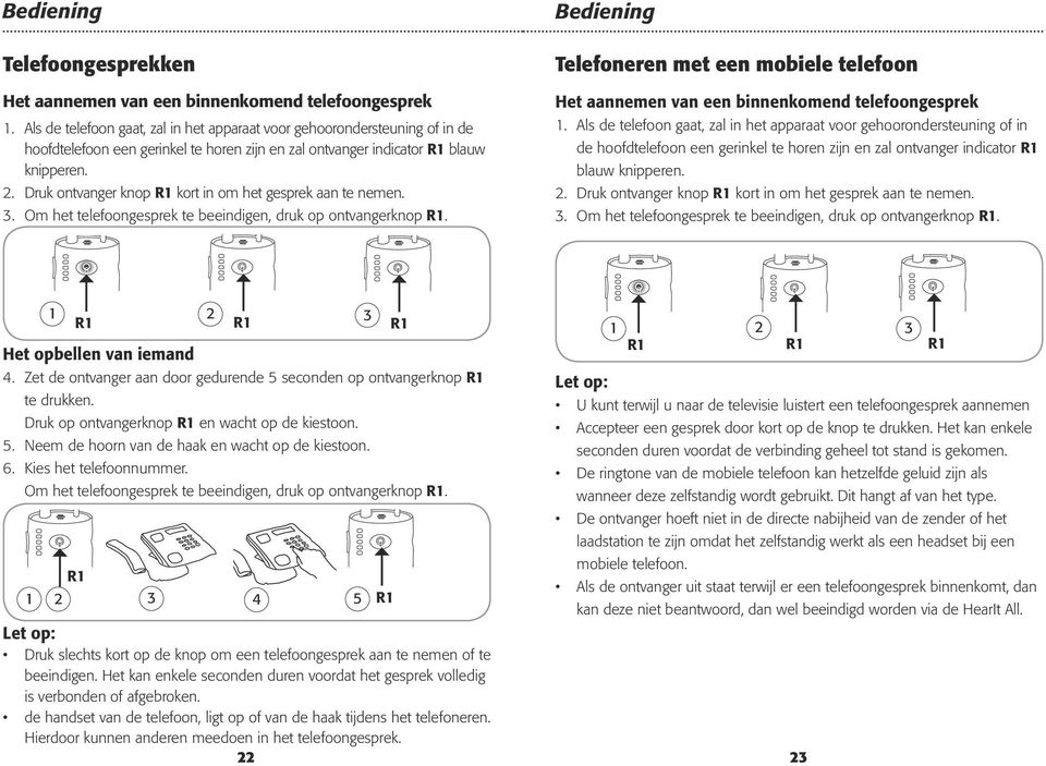 Druk ontvanger knop R1 kort in om het gesprek aan te nemen. 3. Om het telefoongesprek te beeindigen, druk op ontvangerknop R1.