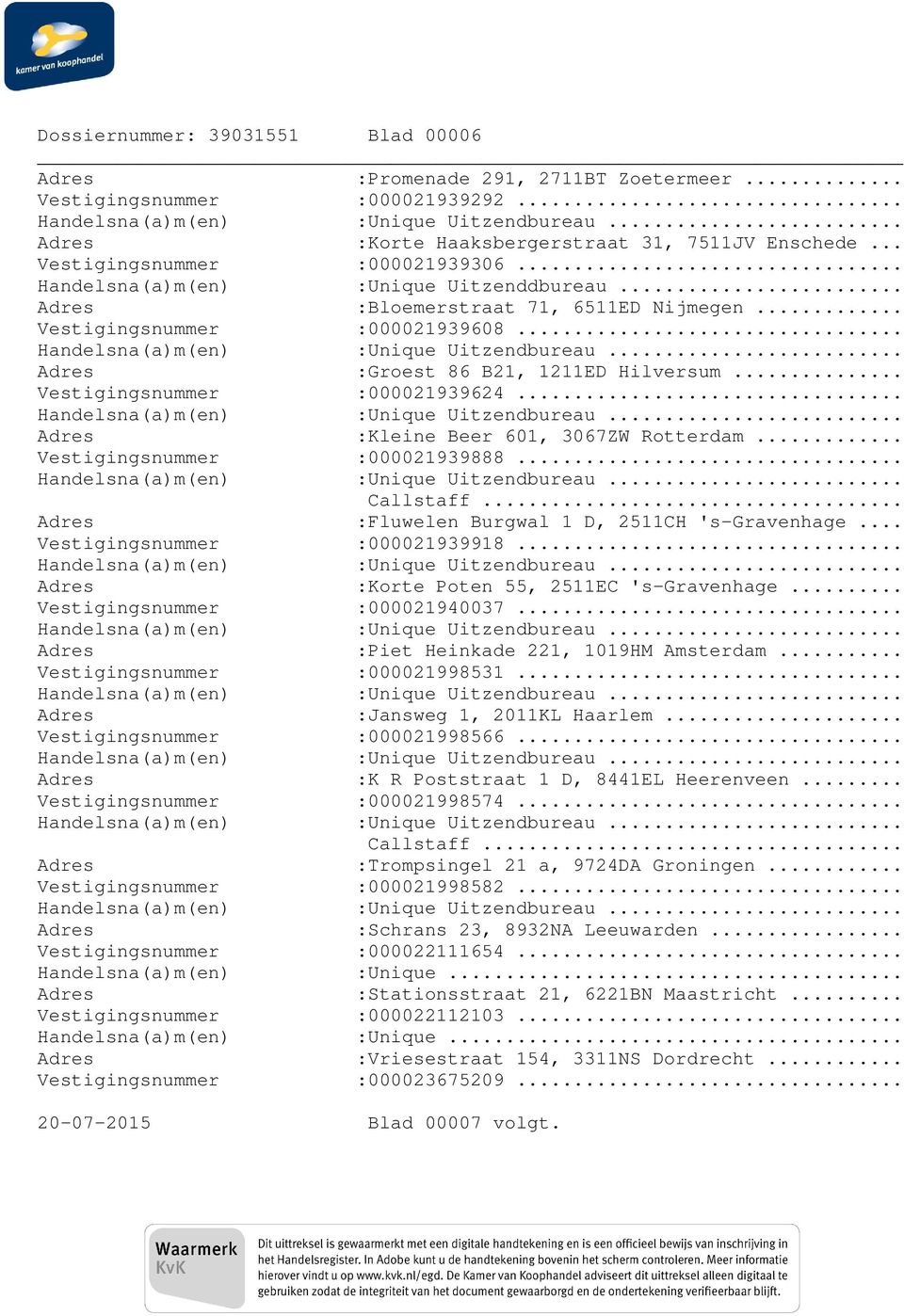 .. Adres :Kleine Beer 601, 3067ZW Rotterdam... Vestigingsnummer :000021939888... Callstaff... Adres :Fluwelen Burgwal 1 D, 2511CH 's-gravenhage... Vestigingsnummer :000021939918.