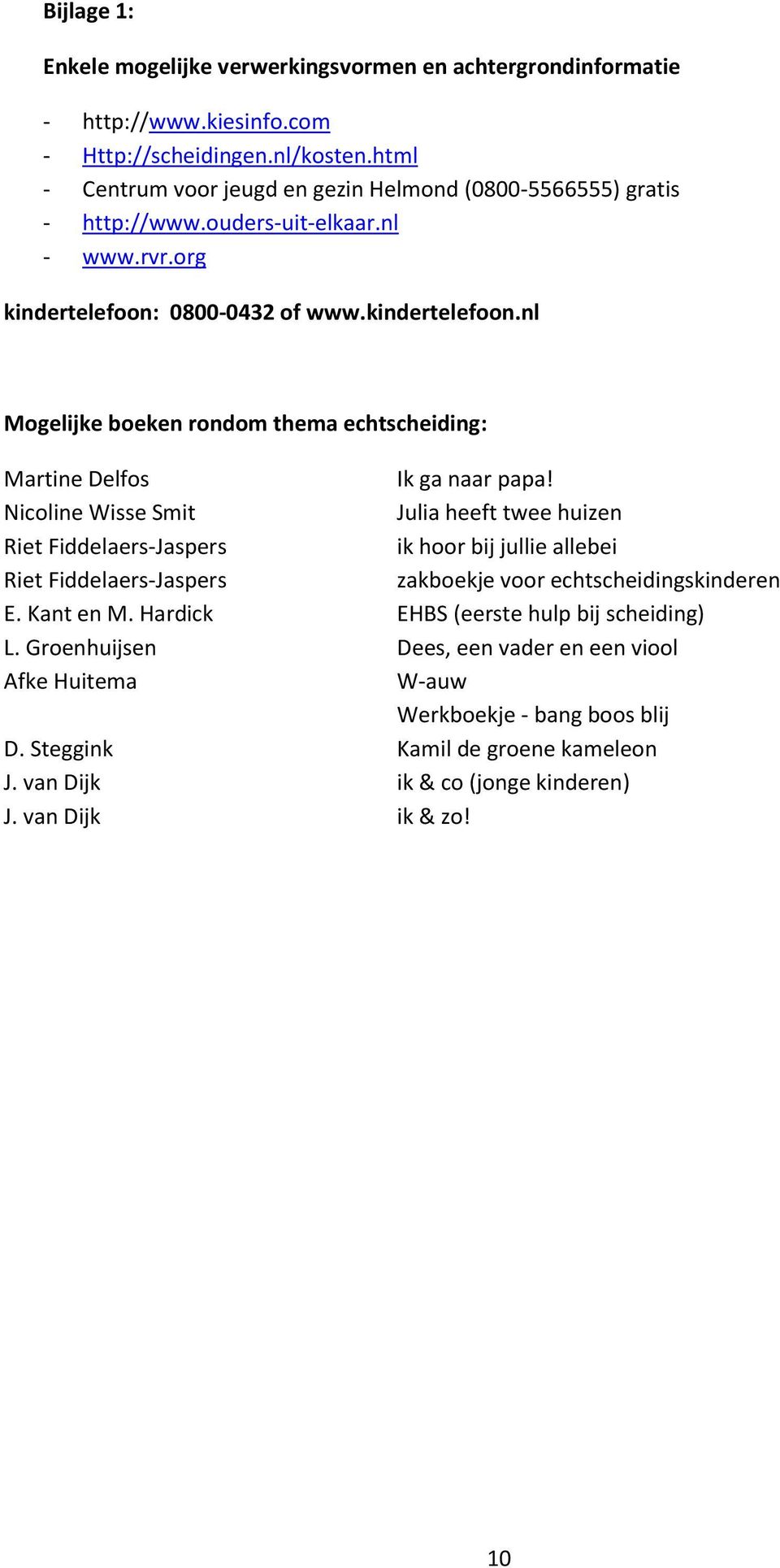 0800-0432 of www.kindertelefoon.nl Mogelijke boeken rondom thema echtscheiding: Martine Delfos Ik ga naar papa!
