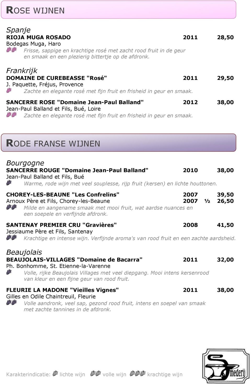 SANCERRE ROSE "Domaine Jean-Paul Balland" 2012 38,00 Jean-Paul Balland et Fils, Bué, Loire Zachte en elegante rosé met fijn fruit en frisheid in geur en smaak.