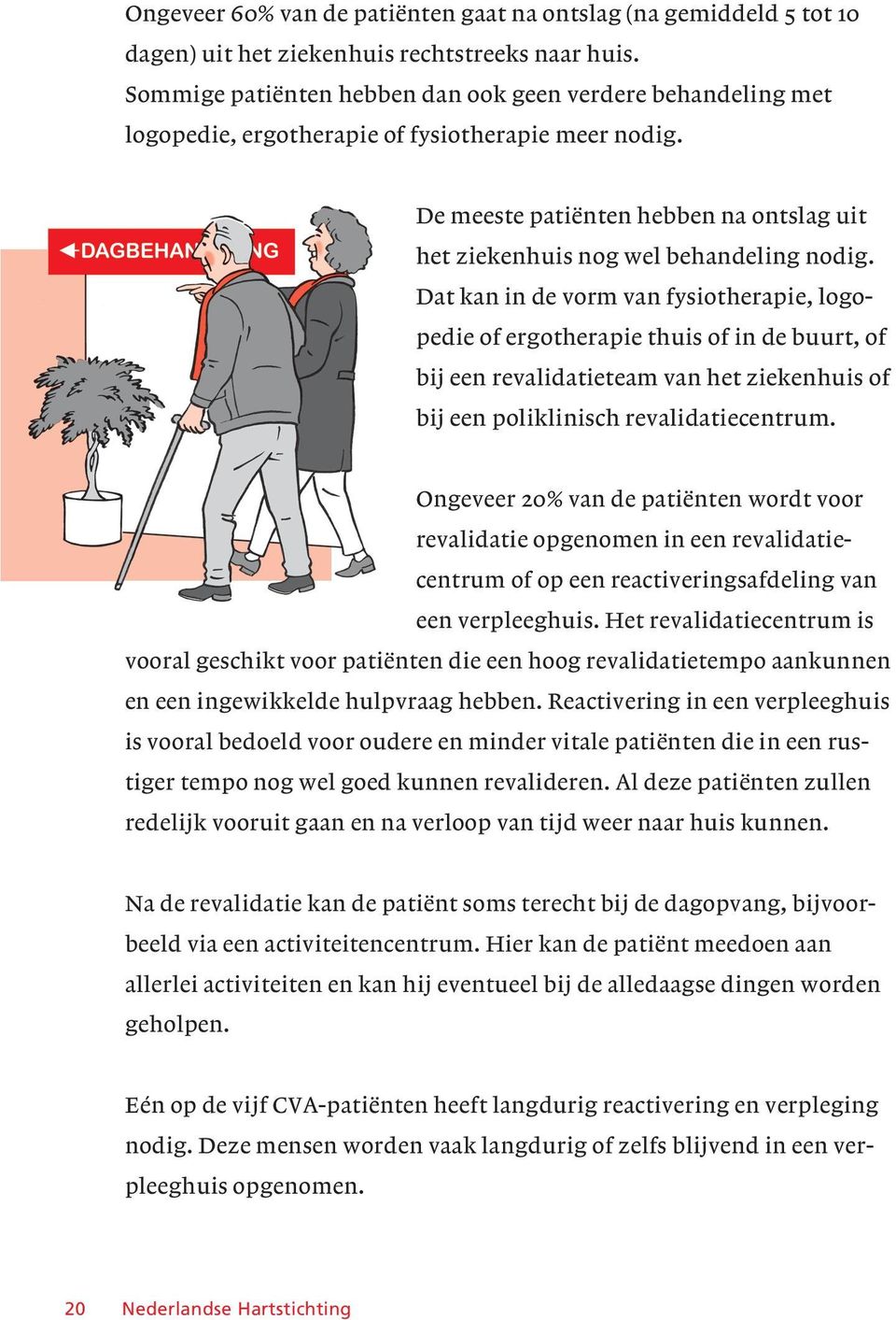 Dat kan in de vorm van fysiotherapie, logopedie of ergotherapie thuis of in de buurt, of bij een revalidatieteam van het ziekenhuis of bij een poliklinisch revalidatiecentrum.