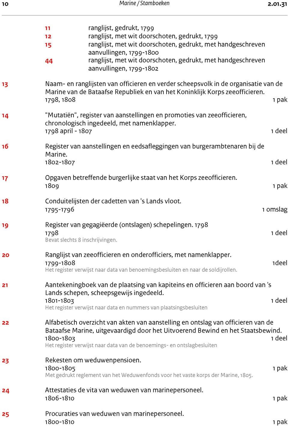 doorschoten, gedrukt, met handgeschreven aanvullingen, 1799-1802 13 Naam- en ranglijsten van officieren en verder scheepsvolk in de organisatie van de Marine van de Bataafse Republiek en van het