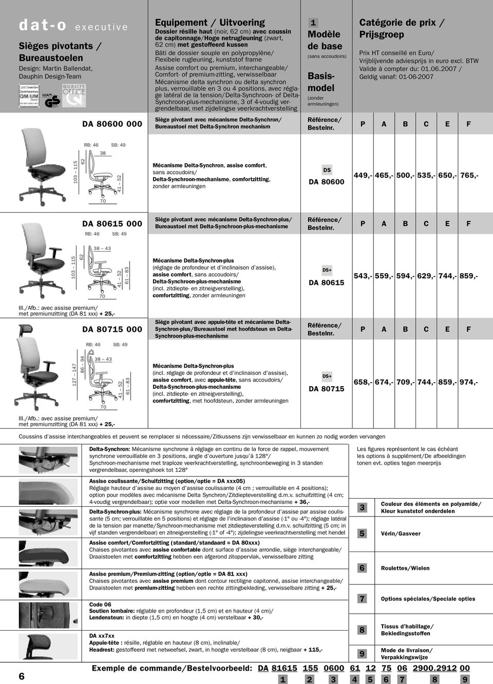 premium-zitting, verwisselbaar Mécanisme delta synchron ou delta synchron plus, verrouillable en 3 ou 4 positions, avec réglage latéral de la tension/delta-synchroon- of Delta-