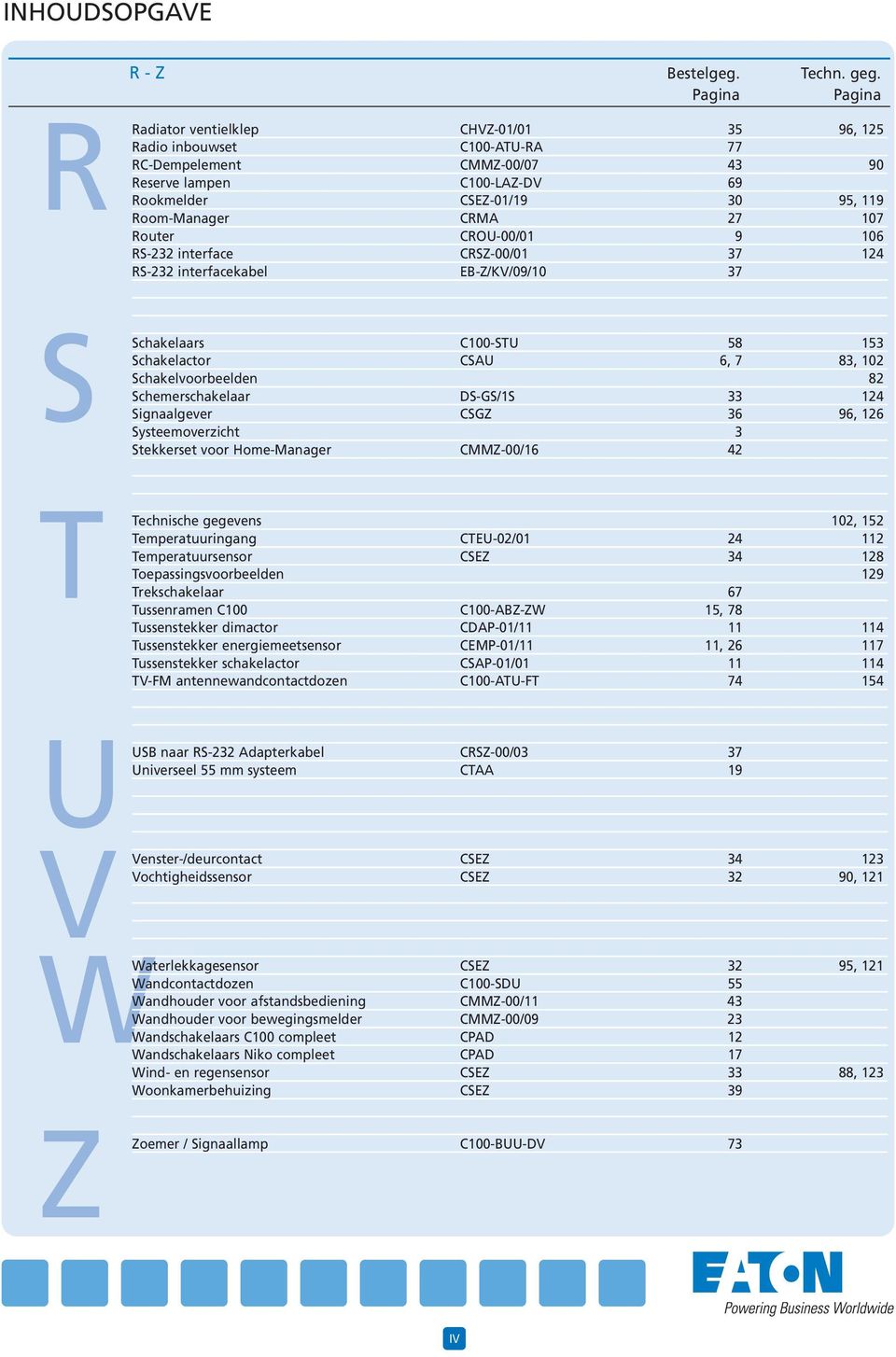 CRMA 27 107 Router CROU-00/01 9 106 RS-232 interface CRSZ-00/01 37 124 RS-232 interfacekabel EB-Z/KV/09/10 37 S T Schakelaars C100-STU 58 153 Schakelactor CSAU 6, 7 83, 102 Schakelvoorbeelden 82